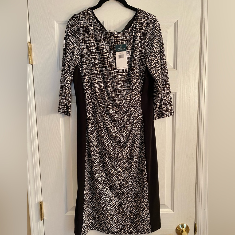 Lauren Ralph Lauren Black & White Dress Size 12 Ruched Waist Side Black Panel